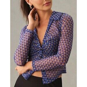 Anthropologie Maeve Sheer Blue Ruched Button Geometric Blouse Medium